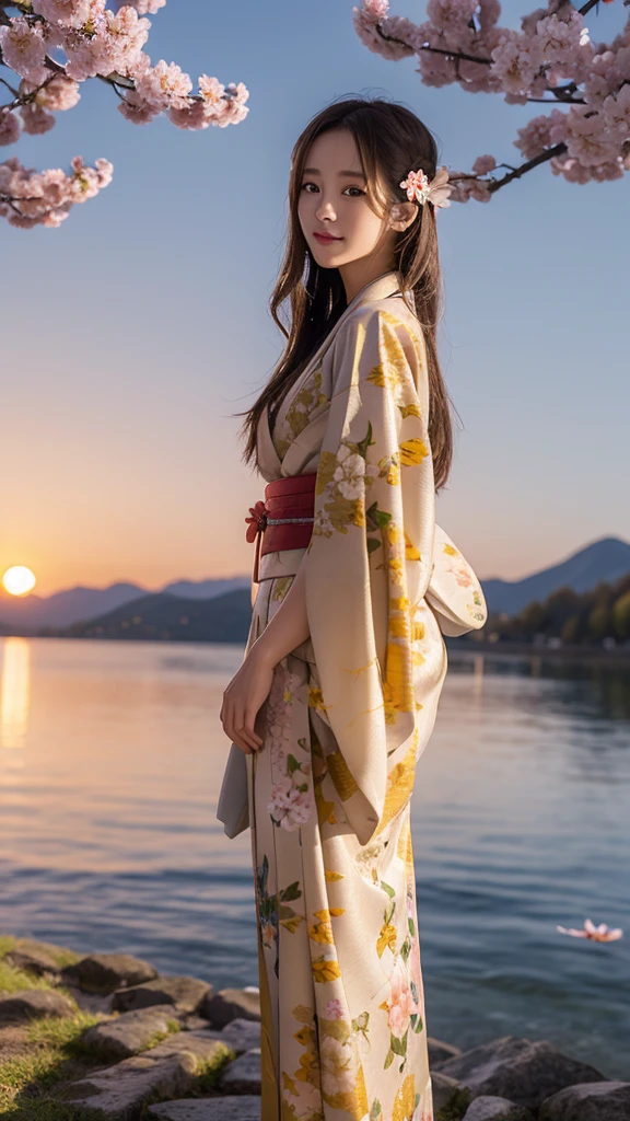 Asuna, masterpiece, Best quality, detailed, (1 girl), One, detailed golden eyes, long hair, standing, close to the viewer, (detailed kimono), slight smile, medium breast, (hands behind your back), water, sunset, (hair ornament), (Sakura blossoms), snow mountain lake in the background