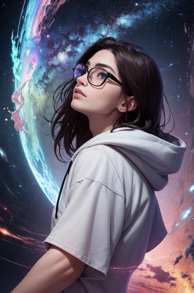 homem masterpiece, best quality, (absurdres, highres, ultra detailed), (absurdres, best quality:1.3, dark shot, extremely detailed), (masterpiece portrait of a girl, from side, upper body, looking up, blue eyes, natural skin texture, long dark hair, straight hair, floating hair, oversized hoodie, hood down), beautiful galaxy lighting up the sky, amazing background filled with cosmic swirls, (style-swirlmagic:1.2, style swirling cosmo magic:1.2, magical, magical swirls:1.1), (hyperrealistic, sharp), (vibrant colors),"Envision an expansive astral plane, glowing with soft luminescence in shades of starry yellows and reds, stretching endlessly upward. Central to this celestial scape is a mysterious young man, standing in harmony with the cosmos, gazing directly at you. He is 18 years old, with fair skin, dark brown eyes, and black hair comManbed to the left side, slightly spiky. He wears a white t-shirt and slightly rectangular glasses that reveal the vibrant, colorful universe behind him. A small mole is visible on his cheek, adding a touch of realism to his mystical presence. The lower half of the scene transitions into a dark, vaporous essence that drifts behind him like a comet's tail, merging with the astral hues. The portrait captures the magnificent presence of this young Brazilian man from Santa Catarina, embodying both the surreal and the mystical in complete harmony with the universe. Short hair, dark brown eyes.HOMEM