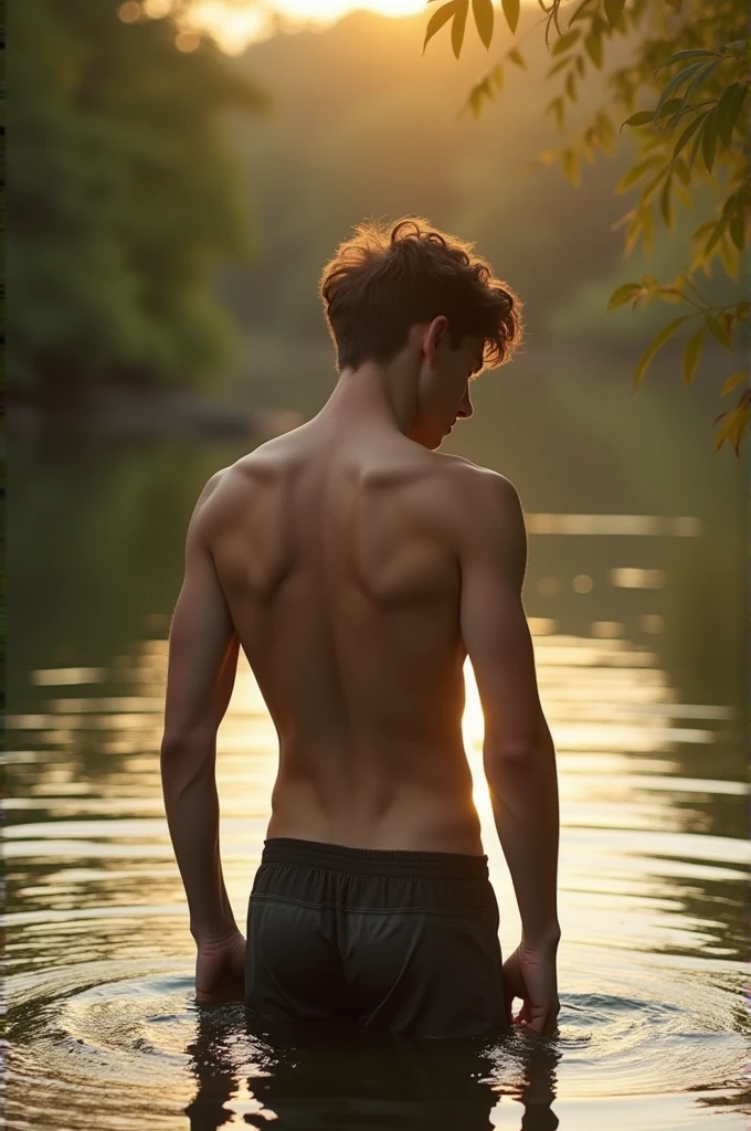 Illustration of a contemplative ager, around 17 years of age, his shirtless torso adorned only by short boxer shorts, his head subtly angled towards the ground in deep introspection, amidst a tranquil setting of either a serene forest glade or a quiet riverside, bathed under the soft glow of the setting sun that gently paints a warm hue on his skin and surroundings, ripples birthed by the breeze's gentle kiss on the water surface, whimsical rustling of leaves