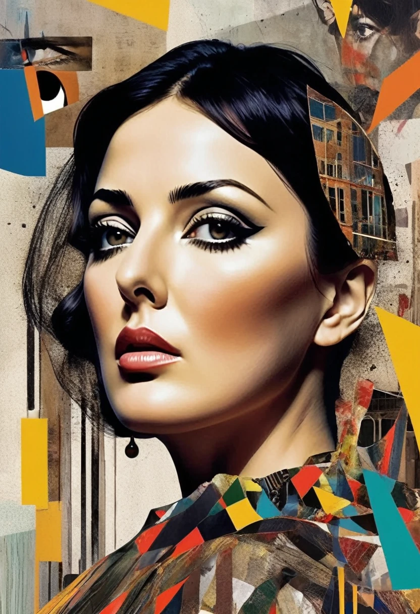 Monica Bellucci themed, Surreal and strange dislocation art:Collage, There are many different things on the faces, somber colors, Geometric Dislocation, Hollow, Artistic sense, Painting, paint, Simple, effect, Collage, Conceptual art, Dadaism, sensual