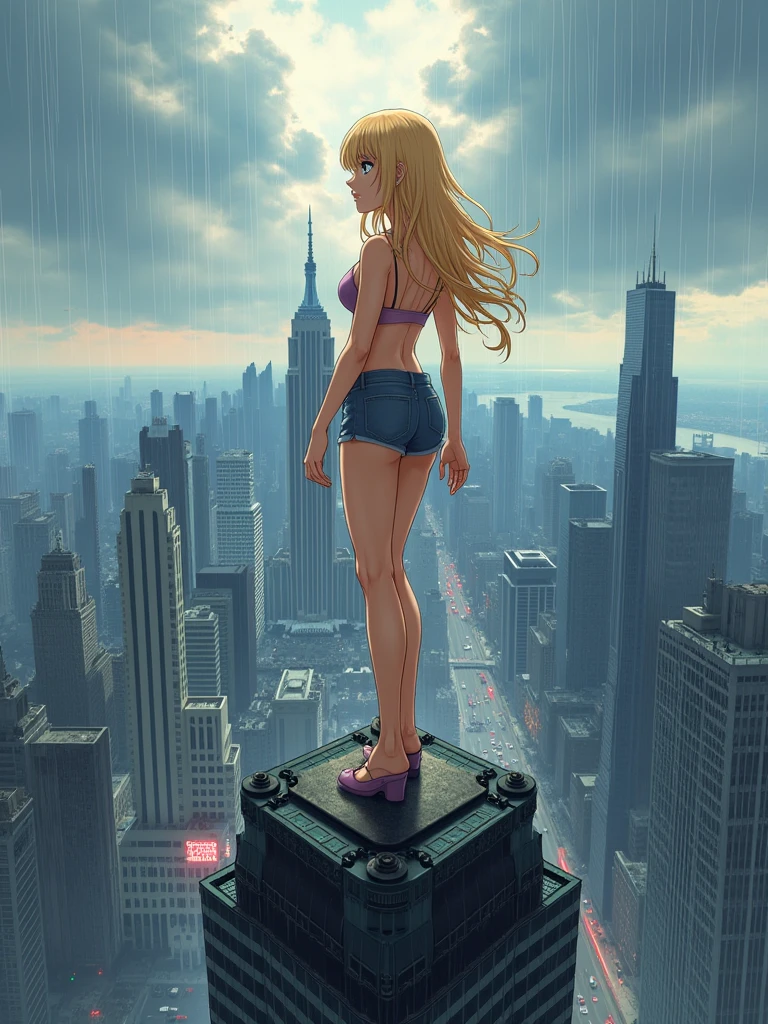 a blonde girl standing on top of a building in a metropolis, fully body, perfectbody, perfect hands, perfect legs, piercing look, observing the surrounding buildings and the hustle and bustle of a big city. Cloudy and very rainy day. anime styling, high resolution,