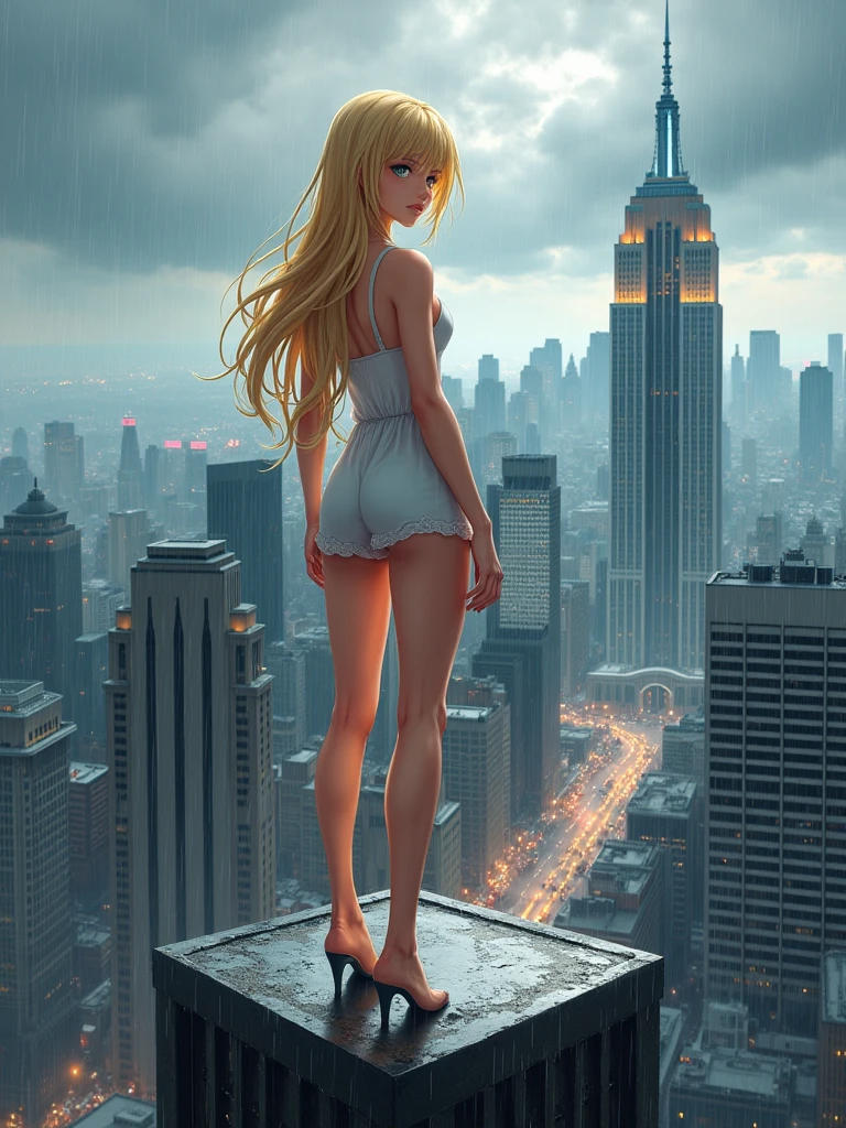 a blonde girl standing on top of a building in a metropolis, fully body, perfectbody, perfect hands, perfect legs, piercing look, observing the surrounding buildings and the hustle and bustle of a big city. Cloudy and very rainy day. anime styling, high resolution,