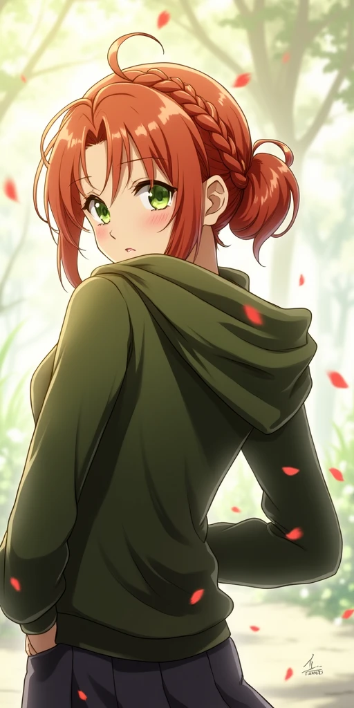 Young woman, beautiful, short red hair braided into a short ponytail, green eyes, anime art, masterpiece, realistically