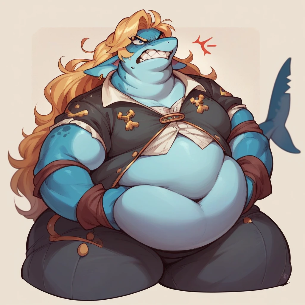 Fat, obese, gluttonous shark girl, blond hair, blue skin, furry, pirate suit, angry,