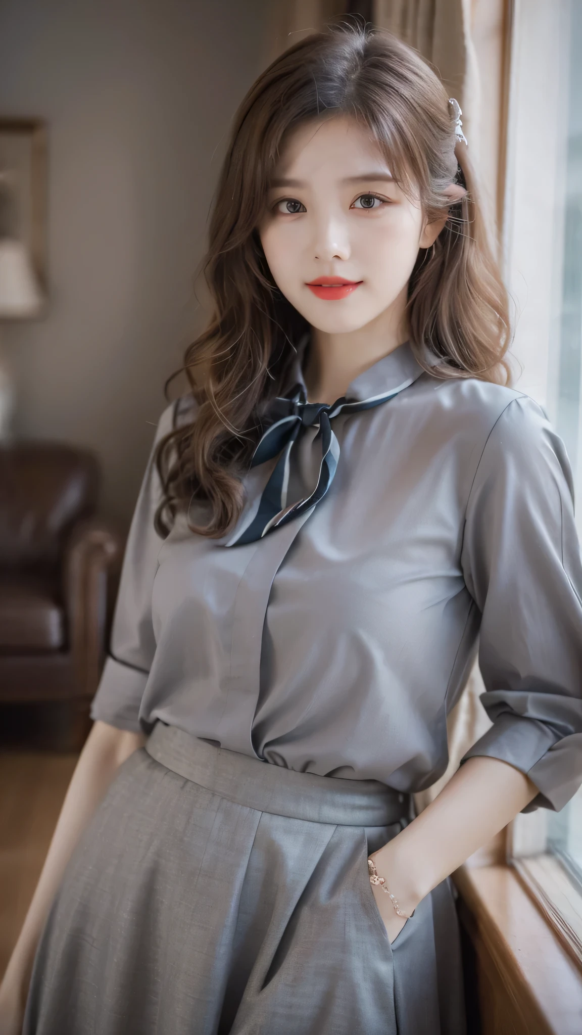 detailed background, masterpiece, best quality, 1 person , curly hair, long hair, purple eyes, star in eye , grey blouse, long skirt, grey , grey blouse , beautiful bow, detailed bow, indoor , hair accessories, jewelry, red lips