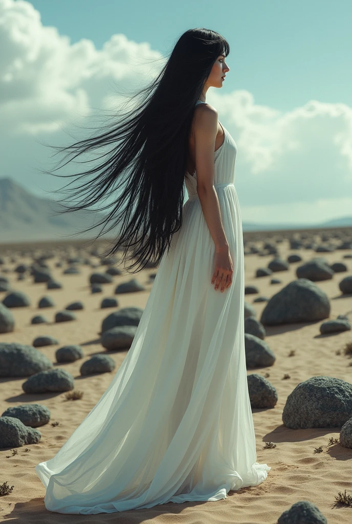 (Photorealism:1.1) desert, beautiful woman, black long hair, god, Long legs, gloomy atmosphere, square black stones, long white dress, long train of the dress, To profile, barefoot, high detail, view from afar, steampunk atmosphere, strong wind, Beautiful sky with clouds
