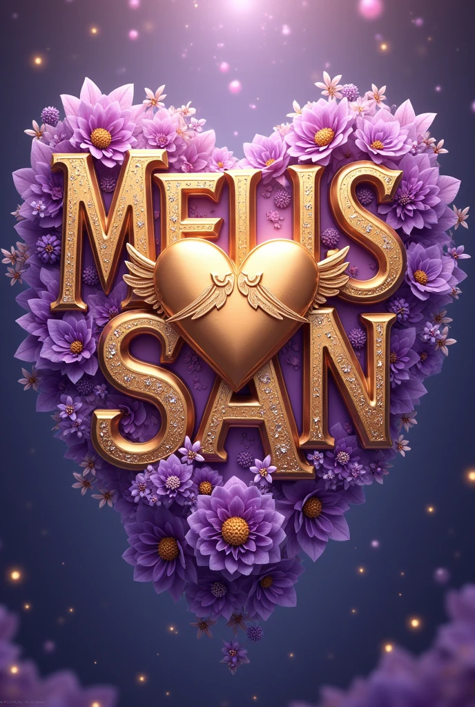 A mesmerizing 3D anime-inspired illustration features the name "MELIS SAN" in exquisite amethyst purple and golden ornate lettering. The name is adorned with diamonds and is accentuated by a majestic golden heart, adorned with angelic wings. Each letter glows with the light of a thousand stars, creating a captivating effect. The design is further enhanced with vibrant purple and golden tones, shapes that add depth and dimension to the artwork. A variety of flowers, from delicate violet hearts to bold, vibrant blooms, are showcased throughout the piece. The rich, vibrant colors of the design contrast beautifully against a muted background, making this eye-catching piece truly stand out in the anime world, and creating a vibrant, illustrative masterpiece.