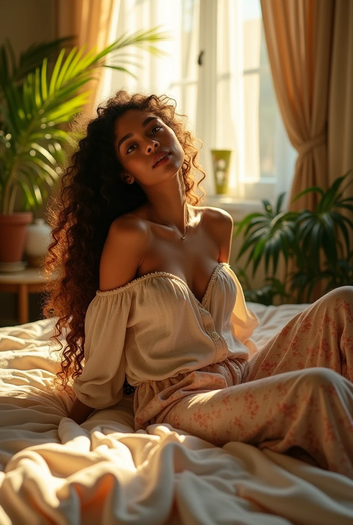 (photorealism:1.2), beautiful woman, sitting on bed, wearing loose off-shoulder top, pajama pants, long curly hair, indoors, soft lighting, plants in background, window with sunlight, cozy room, relaxed pose, realistic, intricate details, warm colors, by Greg Rutkowski, by Alphonse Mucha
