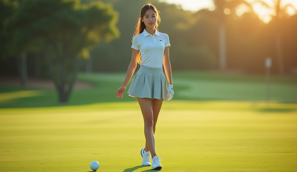 Make an Asian female model photo for a golf tournament poster, Full shot, The clothes are short skirts, sexy body, Make a golf ball in the background, nike golf shoes, accurate, high details, super detail, high quality, best quality, highres, masterpiece,