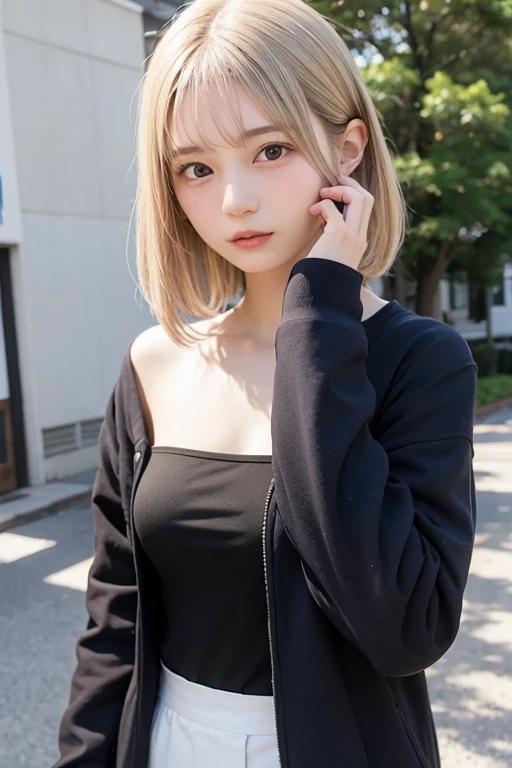 Sexy Big 、Sexy cute looks and cute beautiful girl, beautiful and sexy face、A strong wind blows my hair in front of my face、length, Metallic blonde straight hair、beautiful, Cute and sexy eyes hidden behind long bangs。