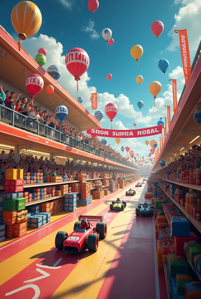 Design a vibrant and dynamic race track located inside a supermarket hall, specifically for the Max Supermarket. The track should be filled with themed elements related to the supermarket, including overturned shelves and various obstacles that challenge the competitors. The environment should be colorful and full of life, with products scattered around and promotional banners of the Max Supermarket throughout the course. The start and finish line must be clearly marked and located in front of a grandstand where the excited public watches and cheers. The grandstand is expected to be filled with enthusiastic fans, some wearing merchandise from the supermarket, and others holding signs and flags. Supermarket lighting: Fluorescent lights that illuminate the runway. Obstacles: Overturned supermarket carts, scattered fruit boxes and crumpled cans as barriers. Thematic Decoration: Banners and balloons with the Max Supermarket logo, promoting a festive atmosphere. Perspecti