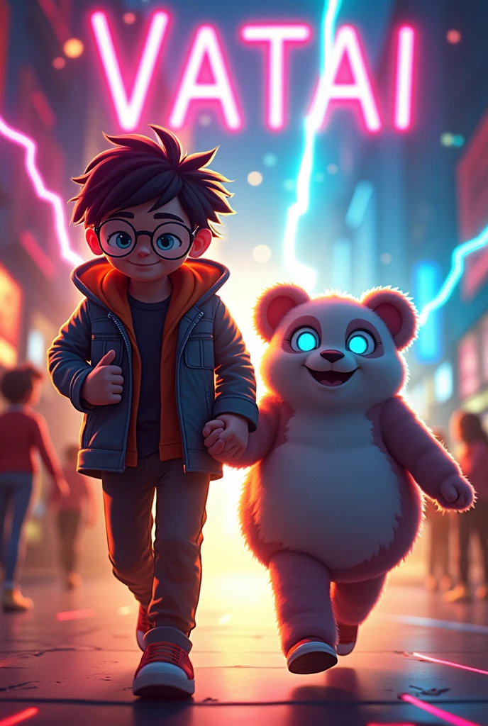 A scene in Valorant where two characters walk by. The background has letters that say Valorant and two characters walking in. The first one is Yoru with letters that say Winny above his head. And the second character is Neon, who has the letters VATAI above his head. The second character, Neon, is chubby and Yoru wears round glasses.