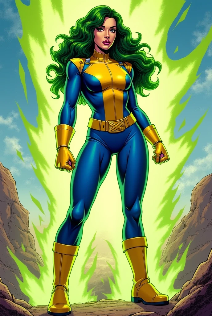 Lorna Dane, polaris x-men, (she perform a punch profile side pose:1.6), (green thick wavy long hair:1.4), (huge breast:1.6), wearing a blue costume, big yellow in the chest and stomach, with yellow xmen belt, yellow glowes, yellow boots, (screenshot of a beat em up videogame), (she's surrounded by a green energy:1.5), (comic style:1.4) 