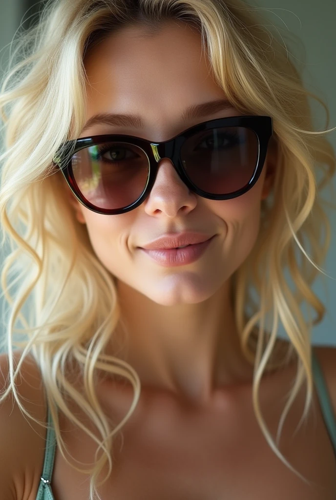 femme blonde au yeux vert cheveux bouclé porte des lunettes sourire a la Madison Béer et elle se prénomme Lola elle doit avoir un gros cul et elle doit être nue et des doigts dans ma chatte
