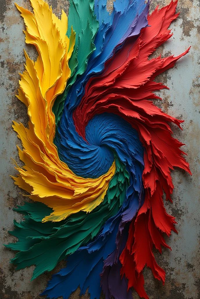 a dystopian image, combining the flags of Brazil and Canada, an allusion to the union of the two countries, vertical position, wall texture, ultra realisitic, swirly vibrant colors, add brush details, small imperfections should be added