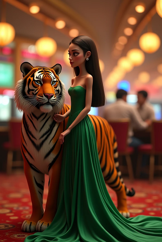 Avatar 3D woman with straight hair wearing a green dress with a tiger beside her and a casino roulette