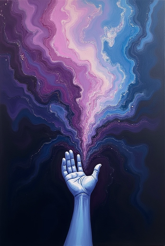 An abstract oil painting using shades of purple blue and black and a drawing of a hand