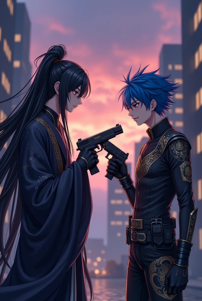 Two Chinese anime male characters pointing guns at each other with sad eyes