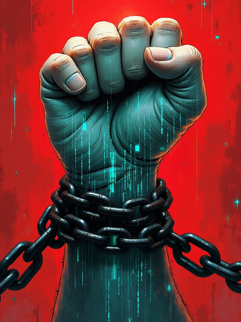 illustration featuring a fist covered with binary computer code, tied to big chains on the wrist, in a transparent background red and white, in the style of alex ross illustration illustration featuring a fist covered with binary computer code, tied