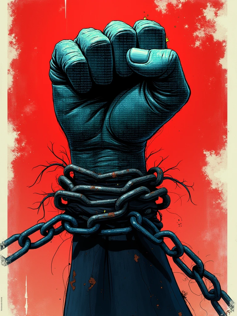 illustration featuring a fist covered with binary computer code, tied to big chains on the wrist, in a transparent background red and white, in the style of alex ross illustration illustration featuring a fist covered with binary computer code, tied