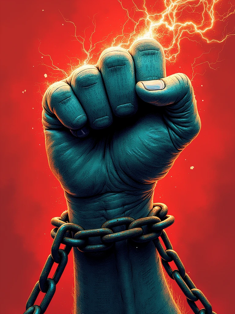 illustration featuring a fist covered with binary computer code, tied to big chains on the wrist, in a transparent background red and white, in the style of alex ross illustration illustration featuring a fist covered with binary computer code, tied