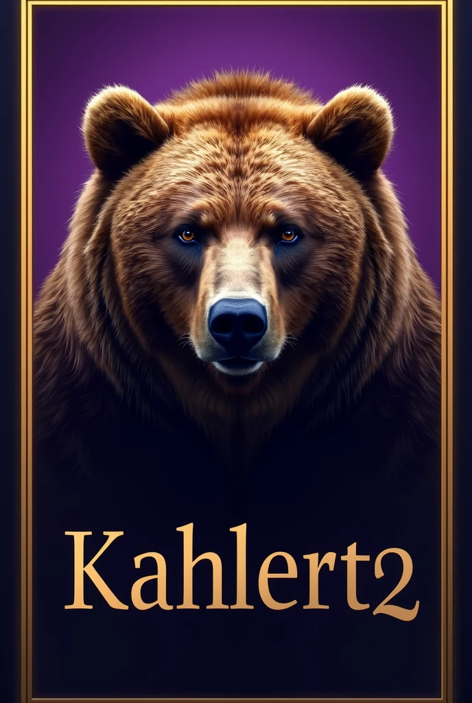 create a picture, The background should be a bear head, The text should be Kahlert02, and the borders should be gold and the background should be purple