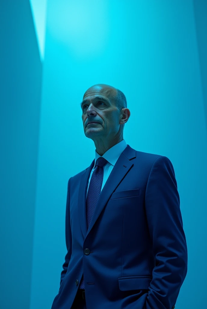 an image of harold laswell without hair and with a blue suit and a blue environment