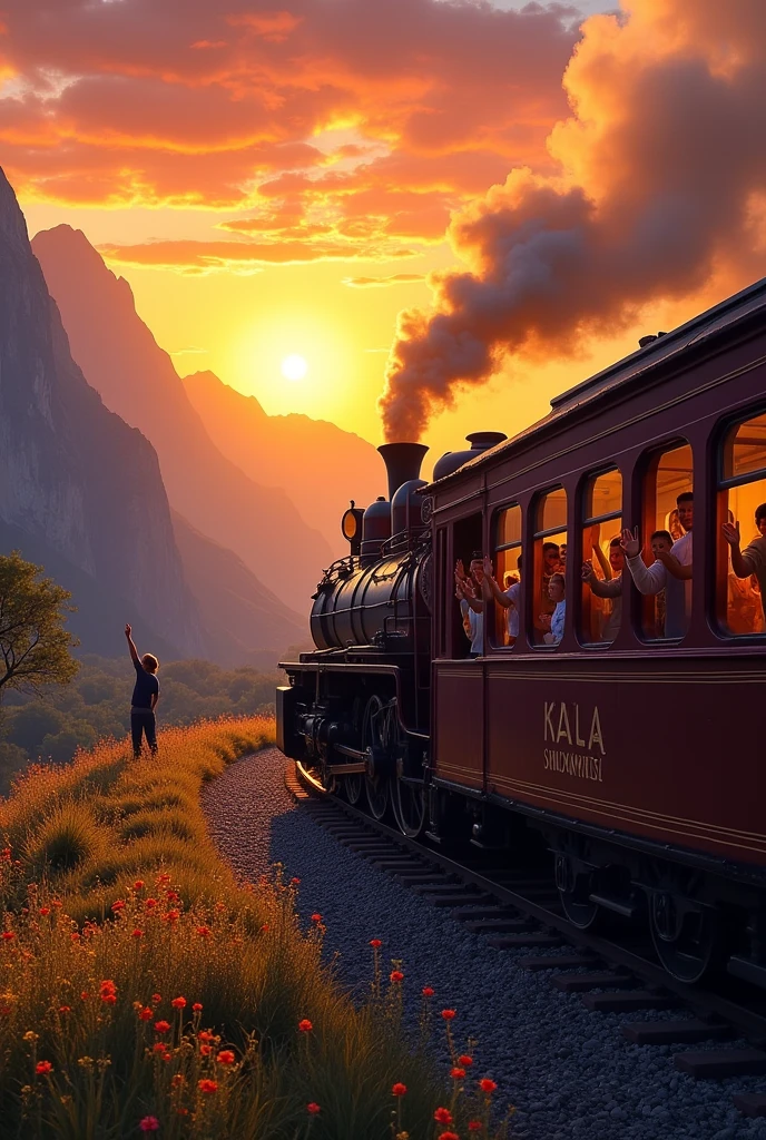 train. With mountains and people in the window waving goodbye towards the sunset