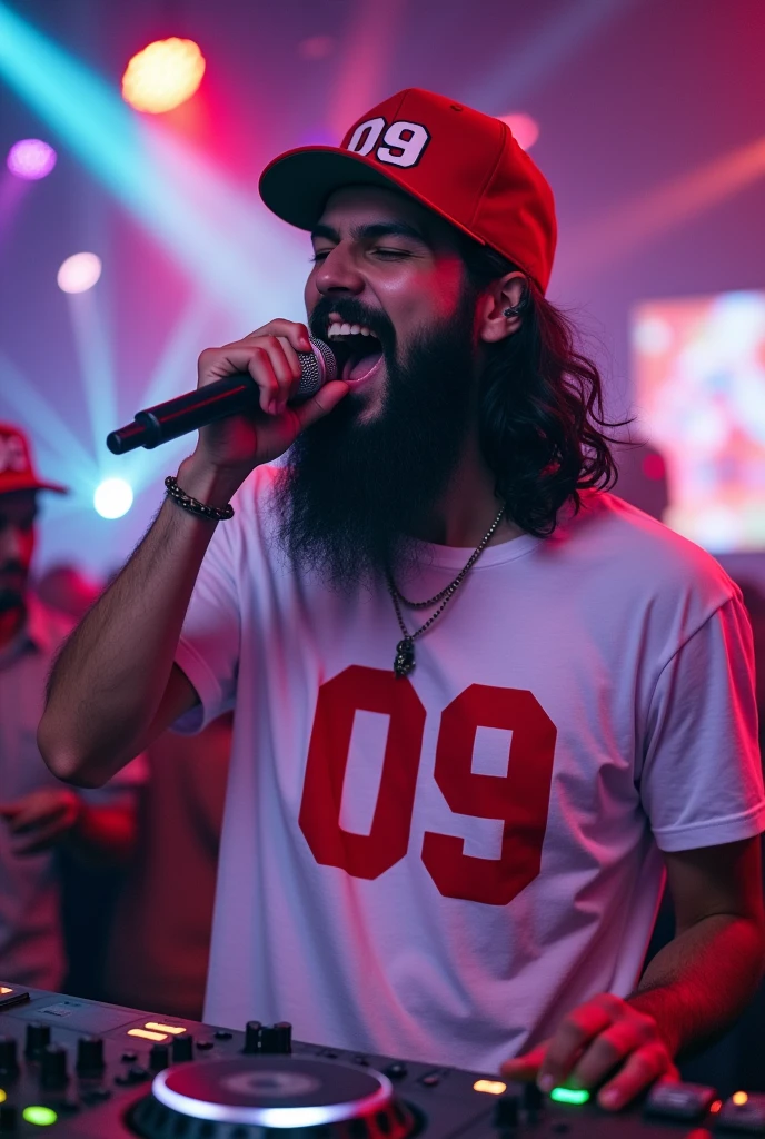 Avatar dj shouting with his hand in his mouth with a full beard , thin tall and dark big hair ,wearing a red cap with red 09 logo , white t-shirt with Dj Red 09 logo mirrored in red 
