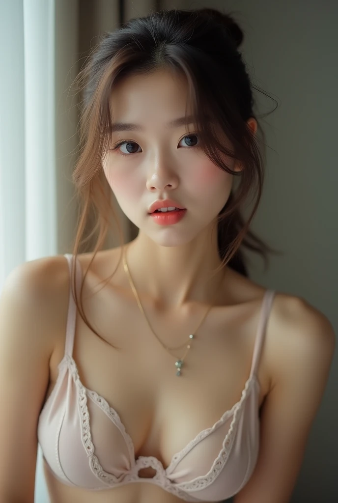 (masterpiece, Highest quality:1.4), Award-winning full-body photography, 8k, 85mm, alone, Beautiful Face,14 Talents、 necklace、Great style、Cute face like a Japanese idol、Delicate woman, Sexy Underwear、Thong、Baby Face、Beautiful Eyes、Beautiful clavicle、(((Topless)))、Cute hairstyle、Shapely breasts、Blushing and embarrassed