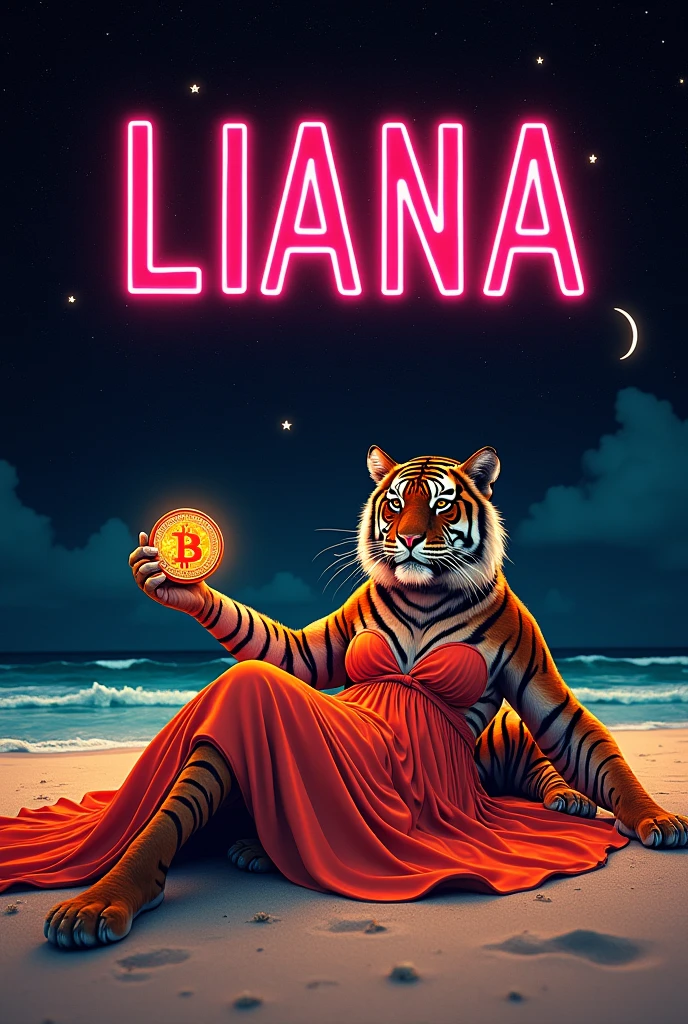 A tiger in a dress is lying on the beach., She holds a Bitcoin-shaped purse in her paws., Make the background black with stars, Add lots of dollar signs and a large neon sign that says "LIANA"