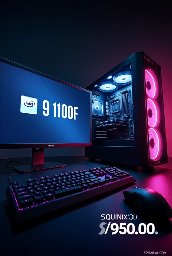 Create an advertising image of a CPU with the following specifications:
intel processor(r) Core i3-9100F CPU @ 3.20GHz 3.60GHz
rAM 8.00Gb
Solid State Drive M.2 128Gb
Placa Asus H310
Unidad de Estado rígido 1Tb
Tarjeta de Video NVIDIA GeForce GT 730
Case Hallion
Monitor LG 19"
Teclado y Mouse Teros
Estabilizado Forza
PadMouse
PrECIO S/950.00