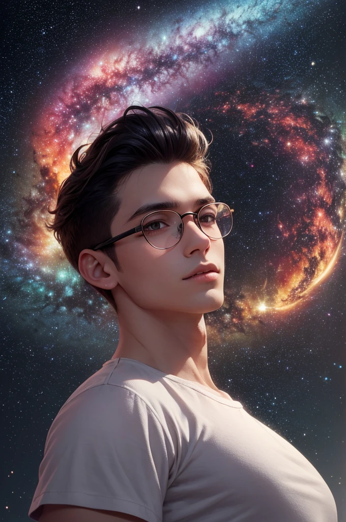 "Envision an expansive astral plane, glowing with soft luminescence in shades of starry yellows and reds, stretching endlessly upward. Central to this celestial scape is a mysterious young Brazilian man, standing in harmony with the cosmos, gazing directly at you. He is 18 years old, with fair skin, dark brown eyes, and black hair combed to the left side, slightly spiky. He wears a white t-shirt and slightly rectangular glasses that reveal the vibrant, colorful universe behind him. A small mole is visible on his cheek, adding a touch of realism to his mystical presence. The lower half of the scene transitions into a dark, vaporous essence that drifts behind him like a comet's tail, merging with the astral hues. The portrait captures the magnificent presence of this young man from Santa Catarina, embodying both the surreal and the mystical in complete harmony with the universe. The background is filled with cosmic swirls in vibrant colors, creating a magical, hyperrealistic, and extremely detailed scene, with beautiful galaxy lighting up the sky and amazing cosmic swirls."