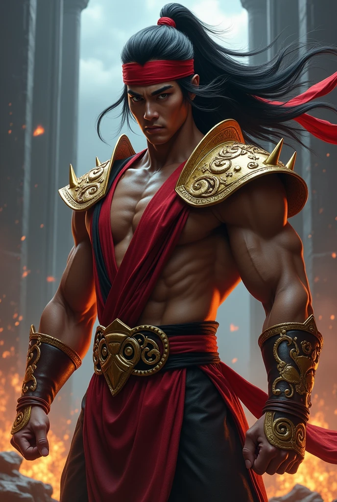 Liu Kang mortal kombat with long hair and a bun a red headband tied so bun, golden shoulder pads with spikes