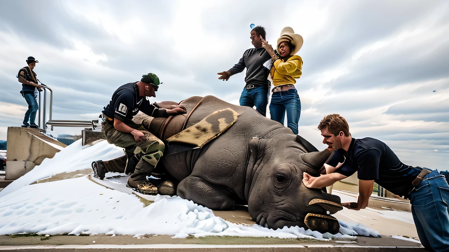 Present-day scene that shows a rhino fallen in the middle of a modern city square. The animal is surrounded by people who try to help it and care about it. A man bends down and touches his belly, a crouching woman caresses his head. a woman standing behind, holding her face. another standing man accompanies her. In the background you can see a man with a hat and black mustache smiling, looking at the crowd, with a cart full of wads of dollars. It's a cloudy and depressing afternoon