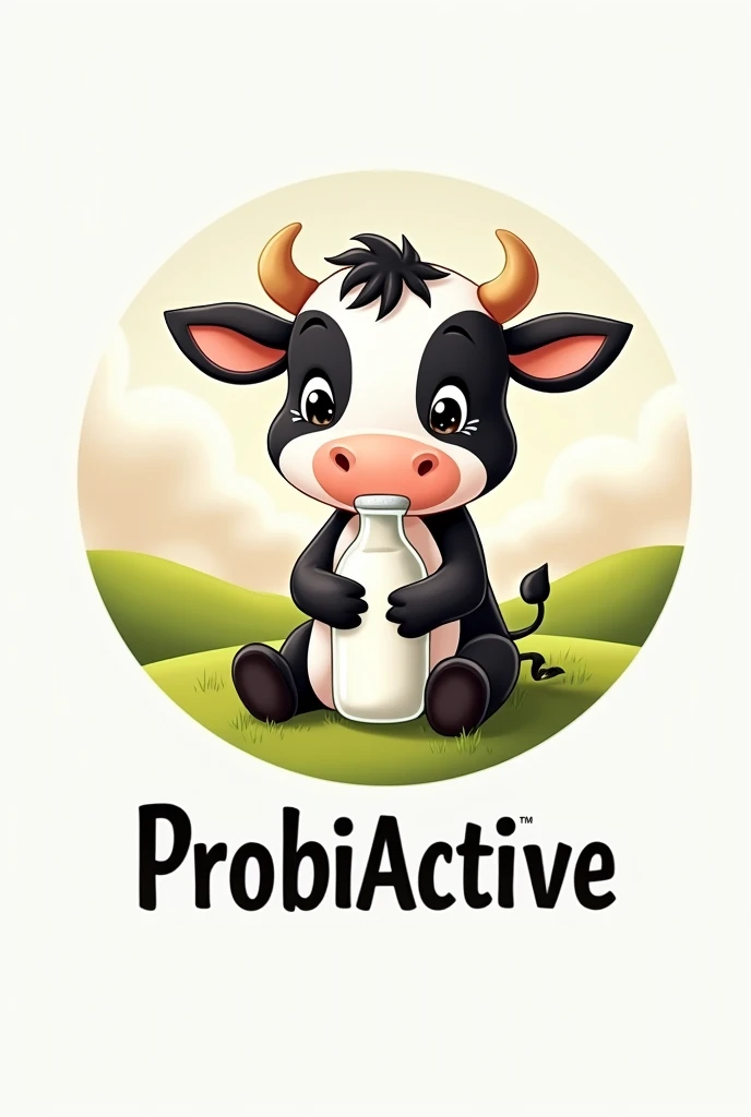 Cute animated black and white cow sitting with long eyelashes holding a bottle of milk. Round image with the word ProbioActive in italics below.