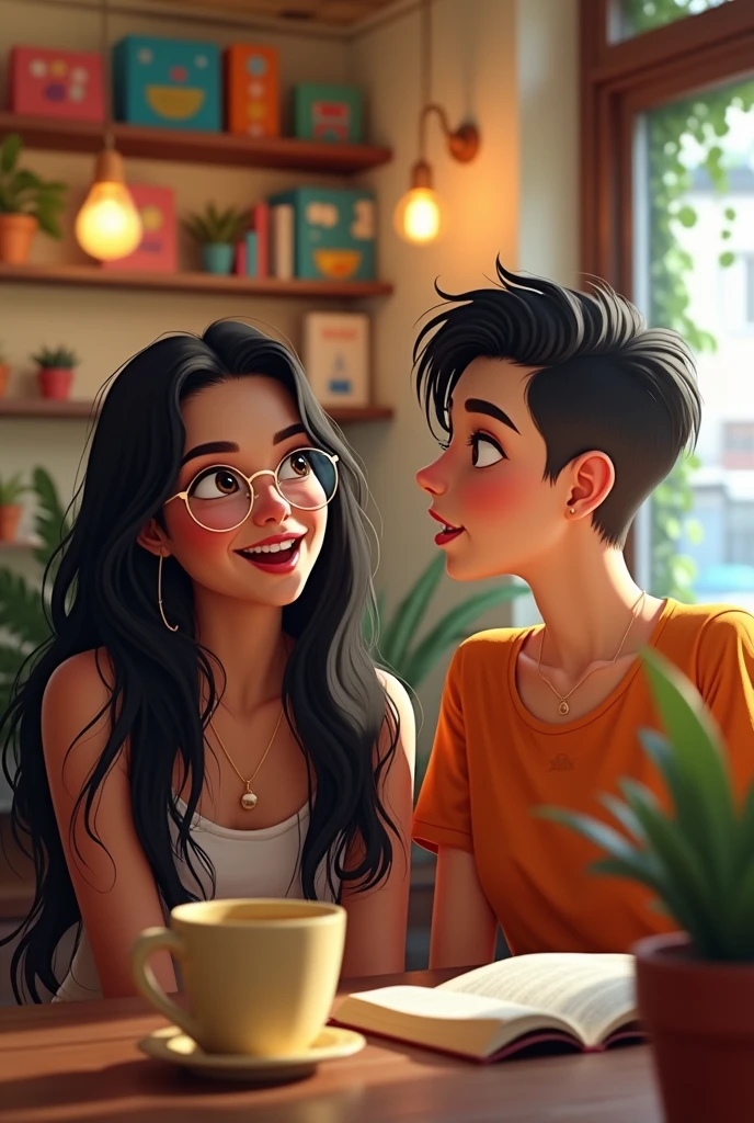 a trans woman with long dark hair and mirrored glasses and a non-binary person with short hair without glasses, chatting in a cafe doing a podcast as pixar characters