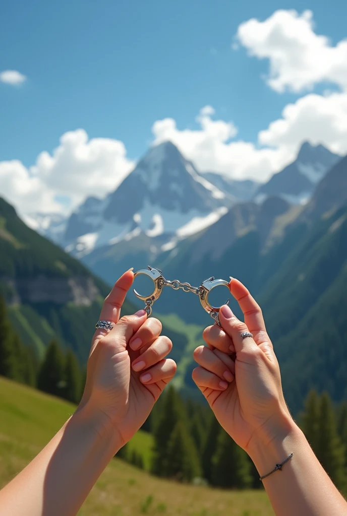 Mains de femme avec des menottes dont la chaîne est cassée en deux, avec un fond d’écran de montagnes moitié enneigées, moitié vertes