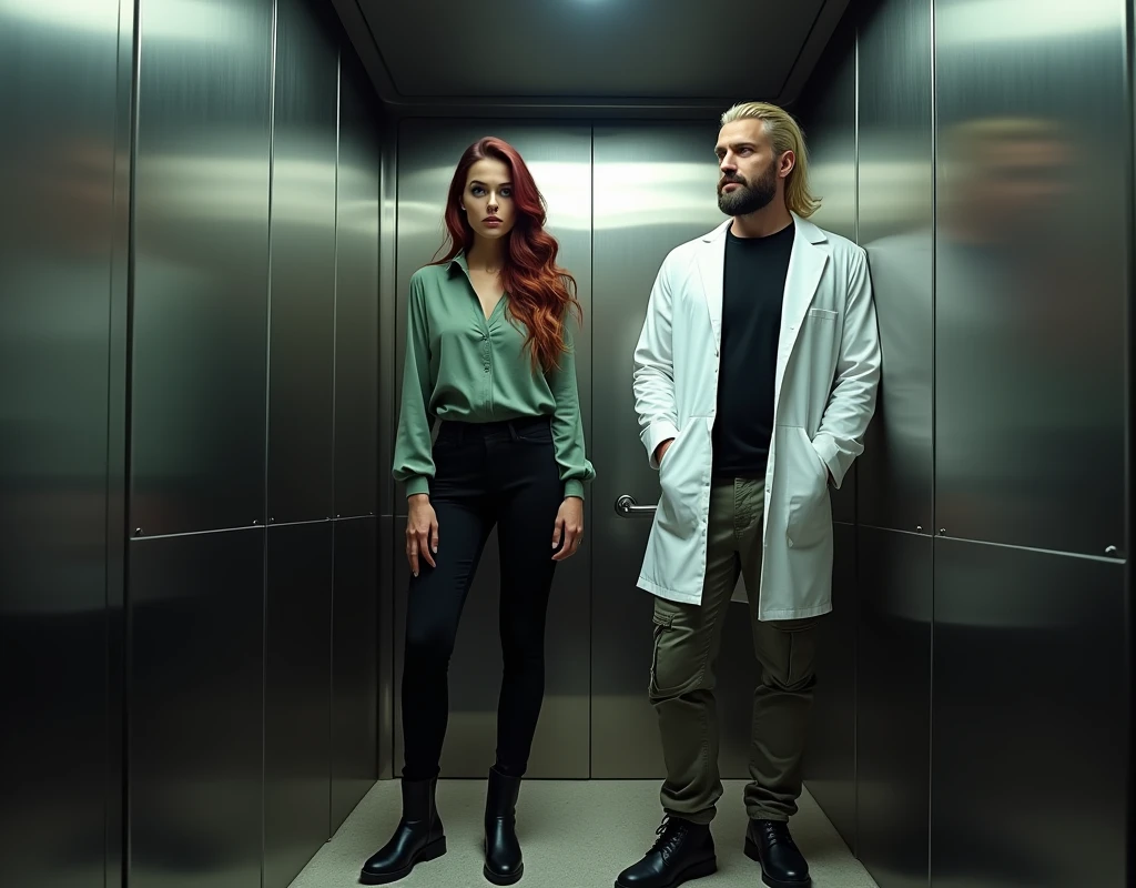 Caucasian woman, wary expression, vibrant maroon side-parted long wavy hair, soft green silk blouse, low-rise black pants, black boots, standing in elevator, towering over her height is an imposing 216 cm tall Arab man with platinum blond wavy swept-back crew cut, long black stubble, white lab coat, black t-shirt, black cargo pants, black boots, cinematic lighting.