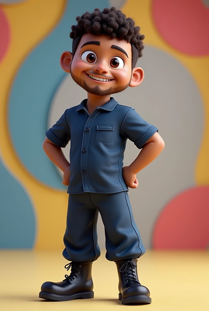 Create a 3D adult male mascot, beardless, light brown skin, thin, with a thin face and a thin chin, brown eyes, wearing a dark blue uniform with dark blue pants, no logo, no details, and black boots. , and also with short, curly hair and a little bit of a bald spot with a slightly thin nose , continue creating the same character but a little taller and in different poses, but I just want a mascot 