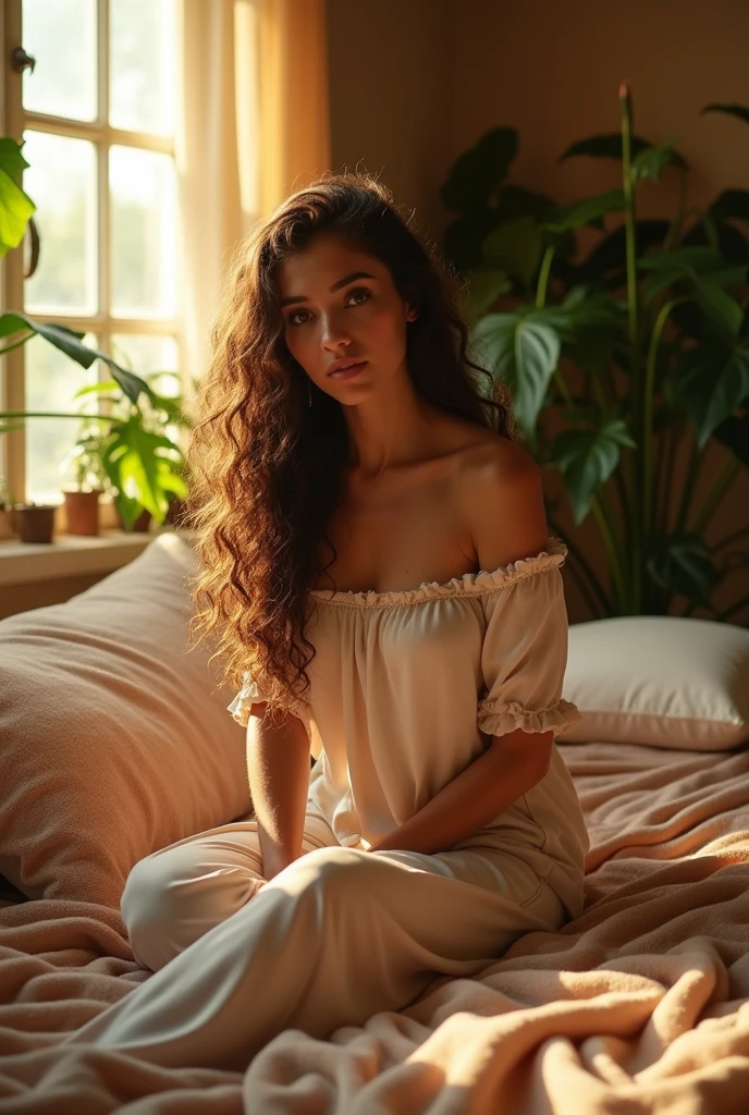 "Full-body shot of a beautiful woman sitting on a bed, wearing a loose off-shoulder top and pajama pants, with long, curly hair cascading down. The scene is set indoors in a cozy, sunlit room with soft lighting, surrounded by lush plants and a window letting in warm sunlight. The room has a relaxed, intimate atmosphere, with intricate details and warm, inviting colors. The image should have a photorealistic style with a blend of the artistic influences of Greg Rutkowski and Alphonse Mucha."