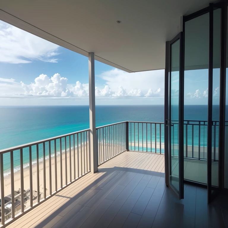 Make an image of a glass balcony overlooking the sea from a building