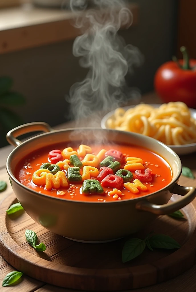 text : "Selfish Generation" as alphabet pasta in tomato soup, 3d render, photo