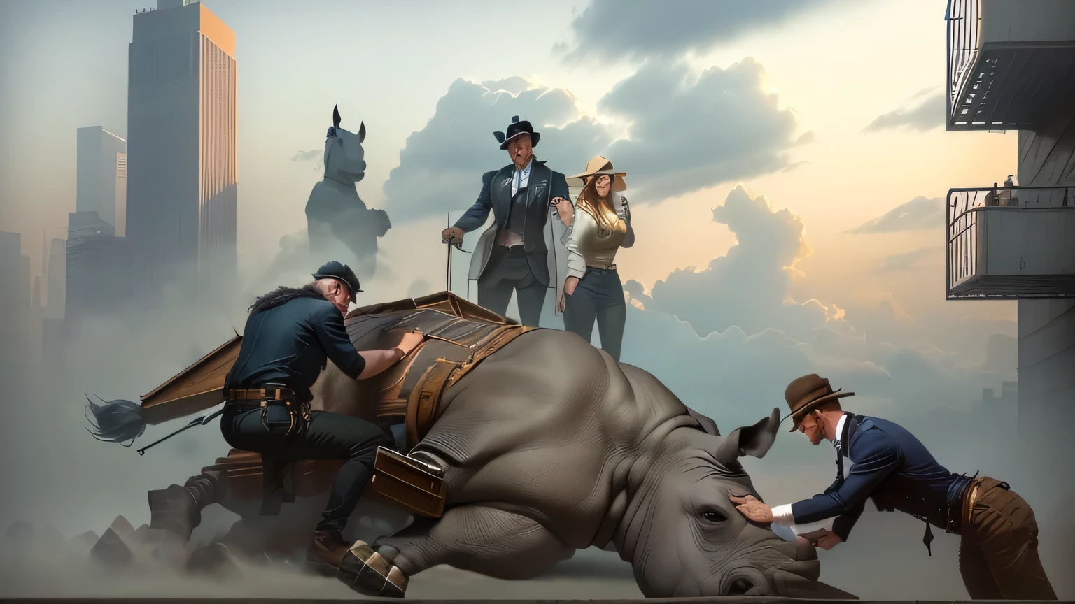 Present-day scene that shows a rhino fallen in the middle of a modern city square. The animal is surrounded by people who try to help it and care about it. A man bends down and touches his belly, a crouching woman caresses his head. a woman standing behind, holding her face. another standing man accompanies her. In the background you can see a man with a hat and black mustache smiling, looking at the crowd, with a cart full of wads of dollars. It's a cloudy and depressing afternoon