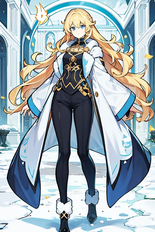 women, long blonde curly hair, blue eyes, white fur coat, black pants, Long black boots