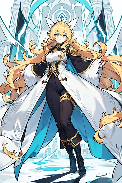 women, long blonde curly hair, blue eyes, white fur coat, black pants, Long black boots 