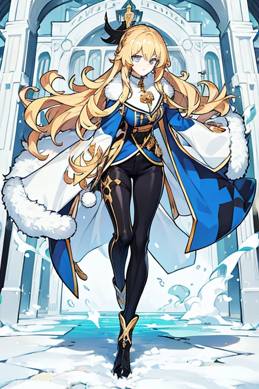 women, long blonde curly hair, blue eyes, white fur coat, black pants, Long black boots