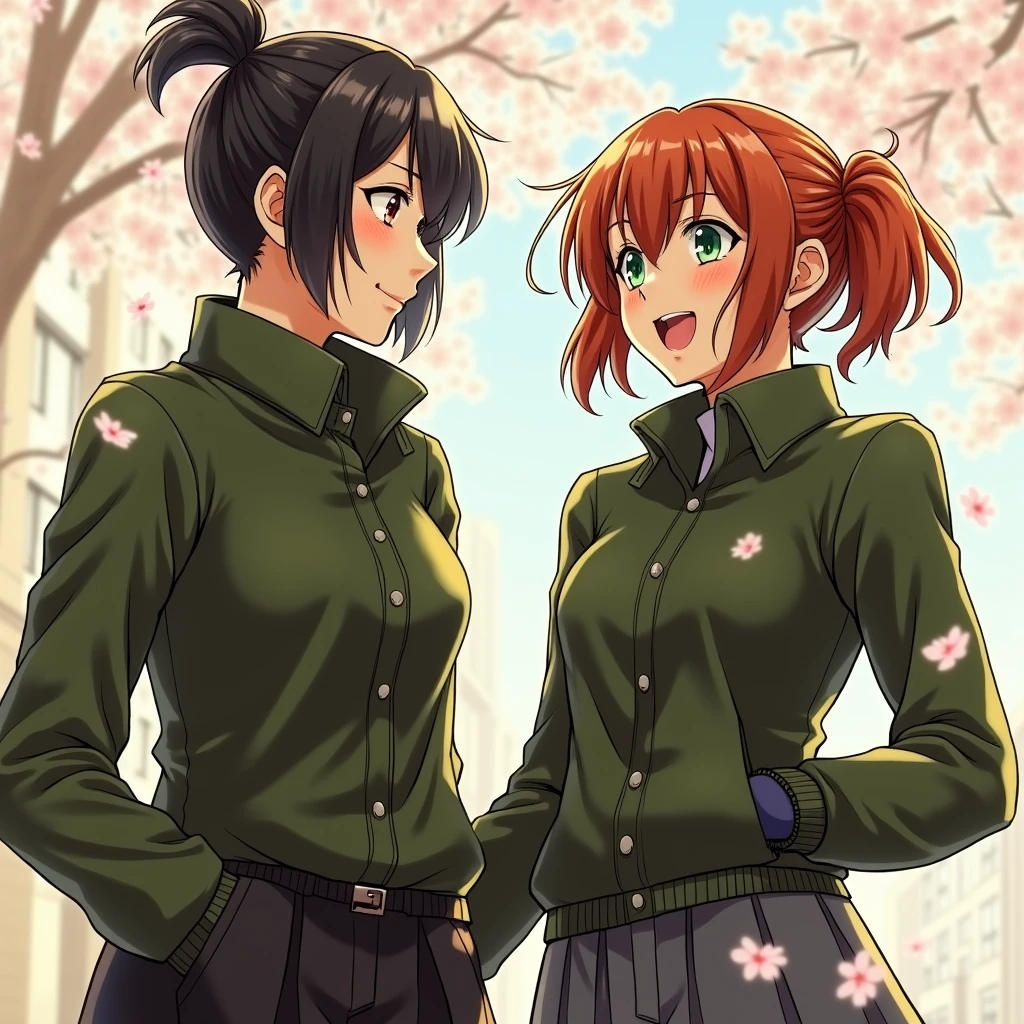 2 girls, First, beautiful, short red hair braided into a short ponytail, green eyes, the second one has very short black hair, black eyes anime art, masterpiece, realistically