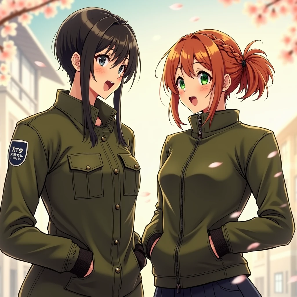 2 girls, First, beautiful, short red hair braided into a short ponytail, green eyes, the second one has very short black hair, black eyes anime art, masterpiece, realistically