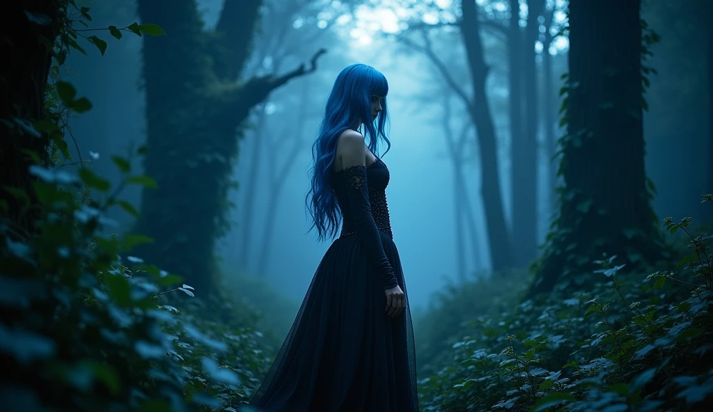 (fotorrealism:1.2), beautfull woman, forst, gothic dress, long blue hair, dark lighting, bottom of the plants, moonlights, relaxed pose, realisitic, details Intricate, cool colours, cinematic lighting, dramatic atmosphere, ethereal, mystic, surreal, fancy, enchanted, chic, captivating